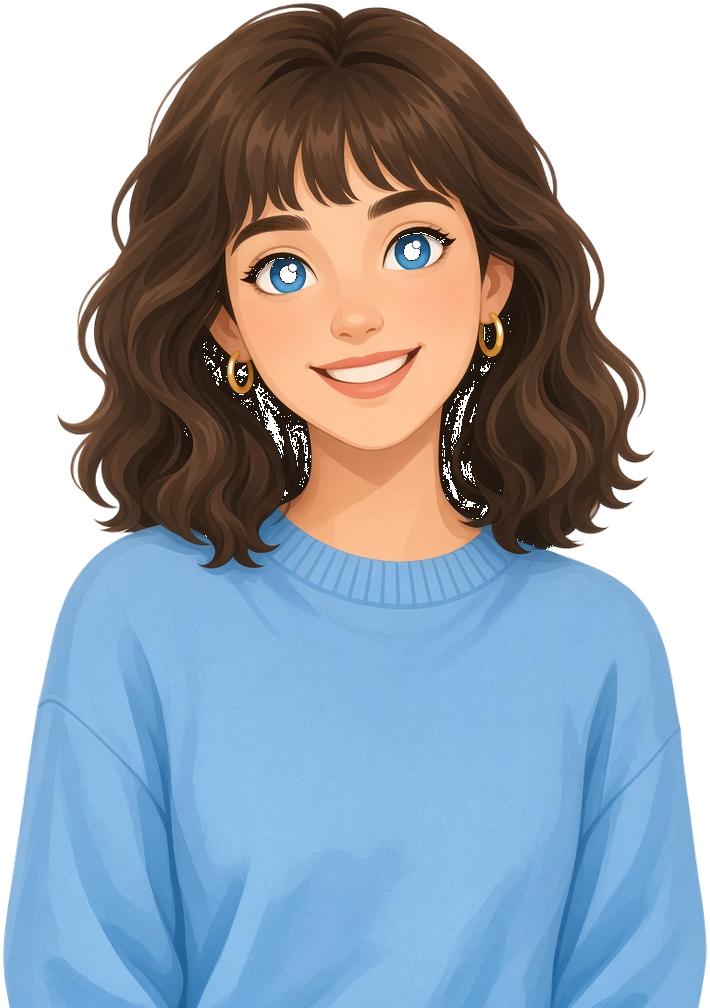 Maya, le personnage de SAY8, souriante dans son pull bleu