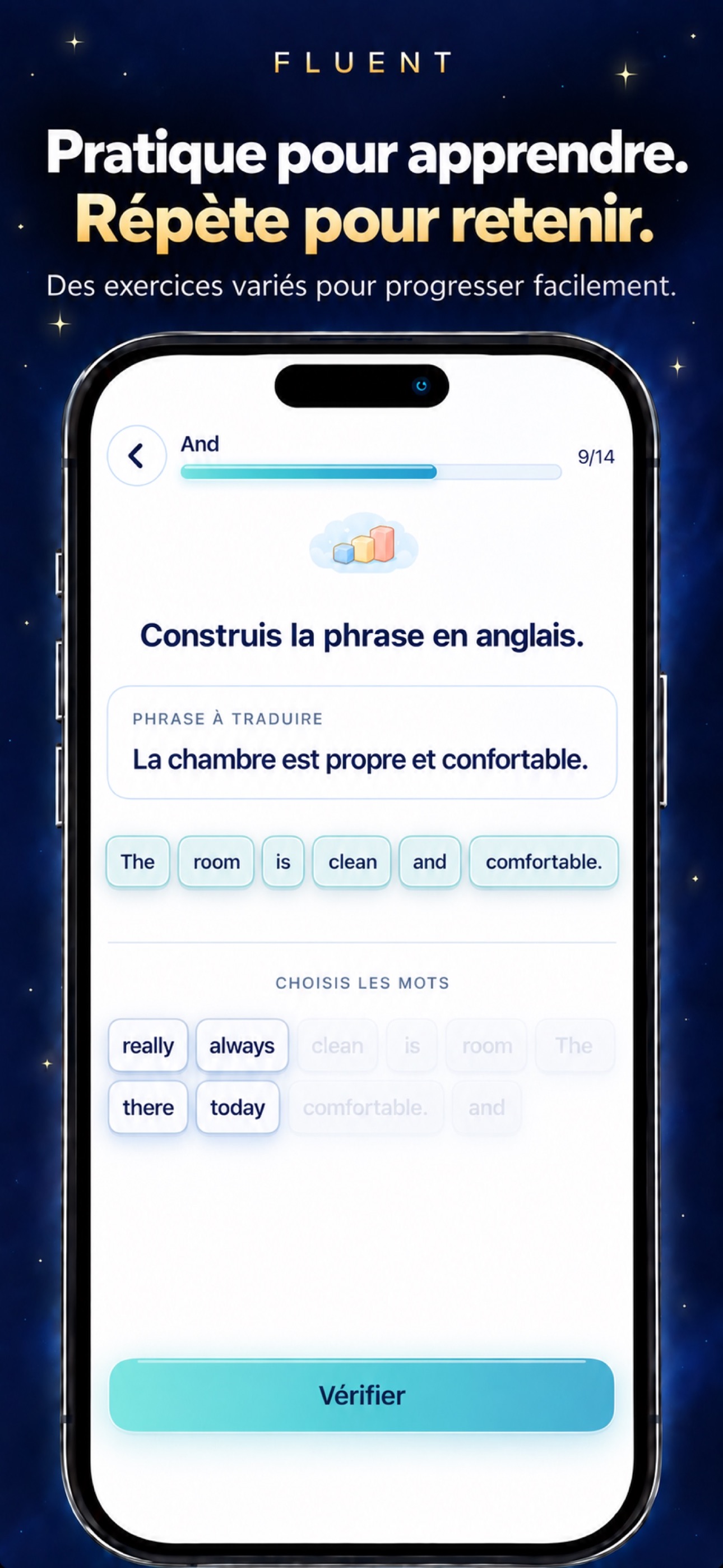 Construire la phrase The room is clean and comfortable