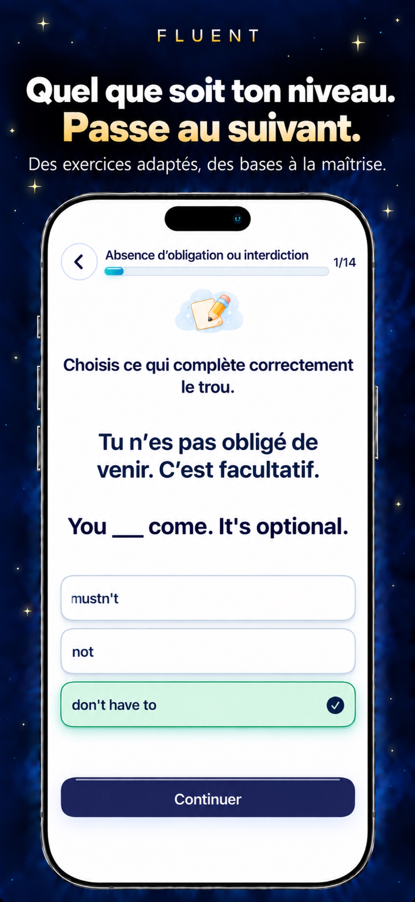 Exercice sur l’absence d’obligation en anglais